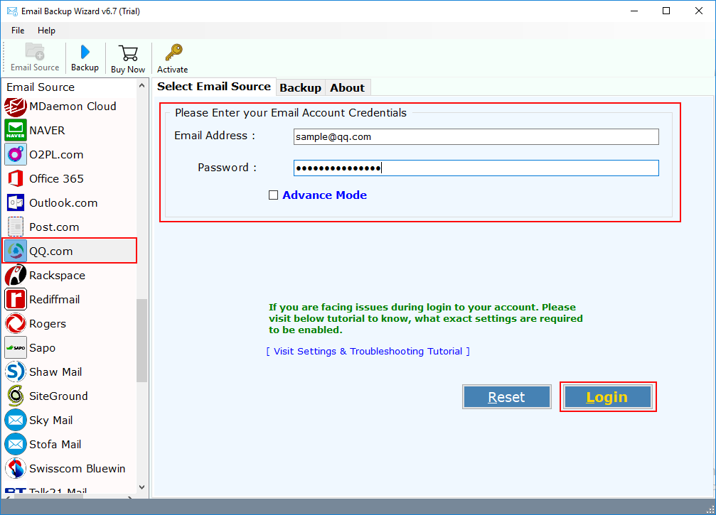 select qq.com option in email backup software