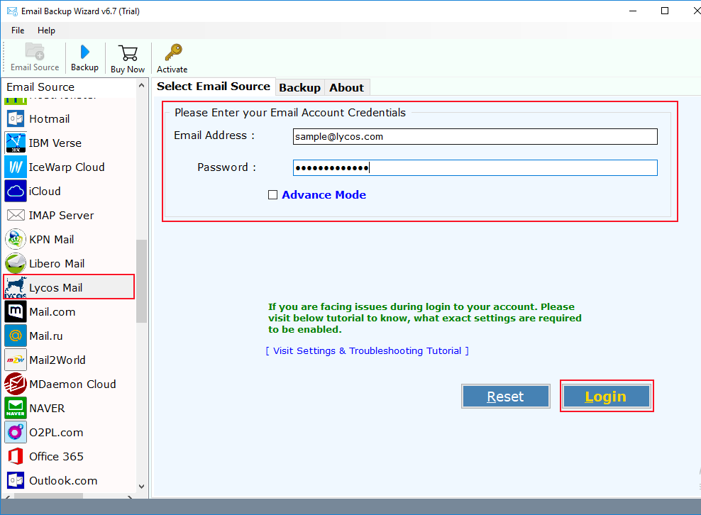 select lycos mail application