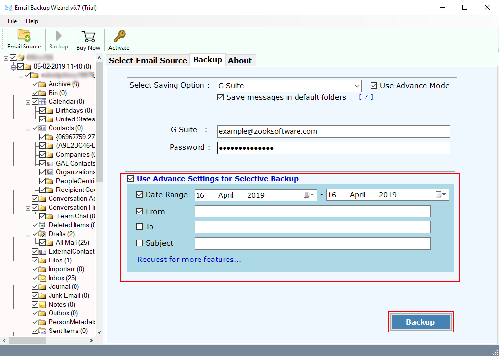 advance filter option in backup tool