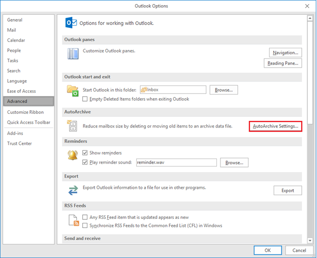 auto archive settings in outlook