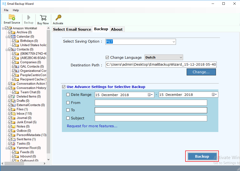 filter in Amazon WorkMail backup tool