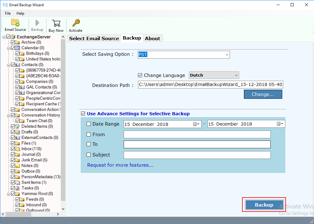 filter in Exchange Server backup tool