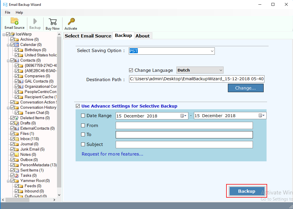 filter in IceWarp Mail backup tool