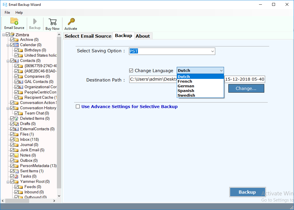 Zimbra account to PST format