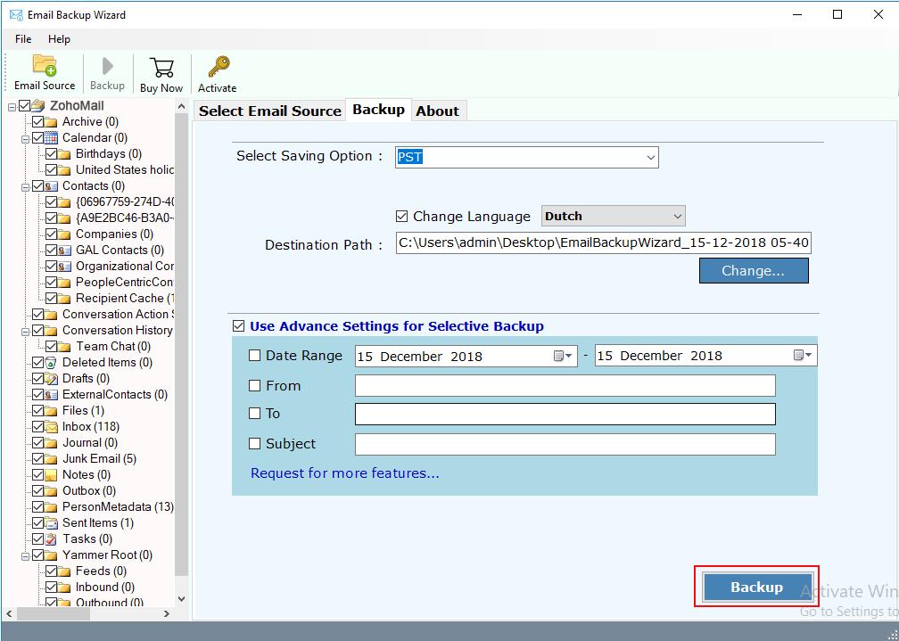 filter in Zoho Mail backup tool